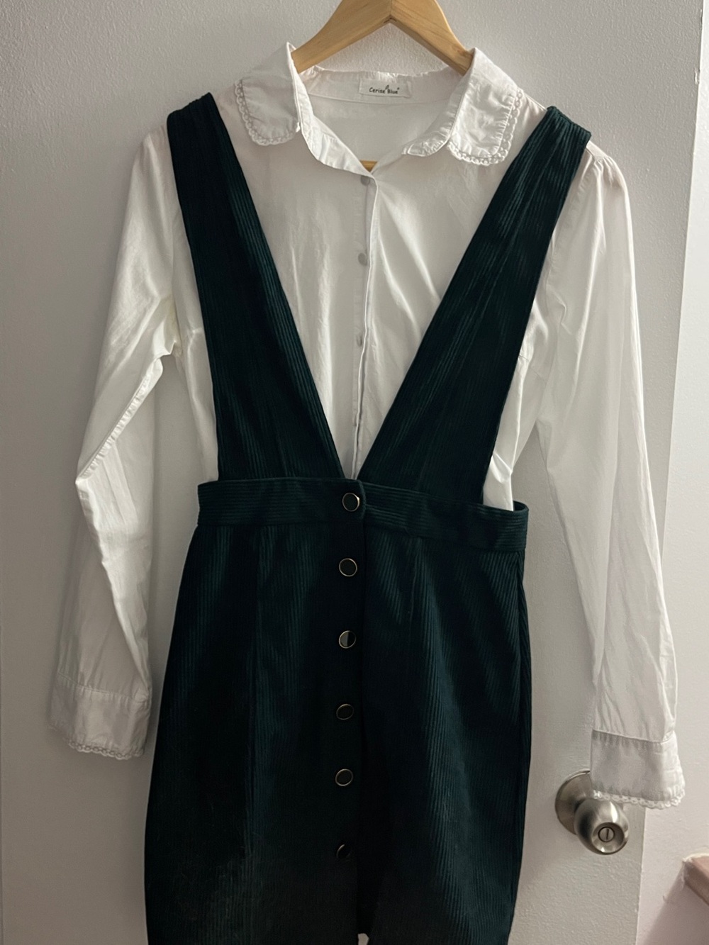 Deep Green Corduroy Pinafore Mini Dress with Button Front